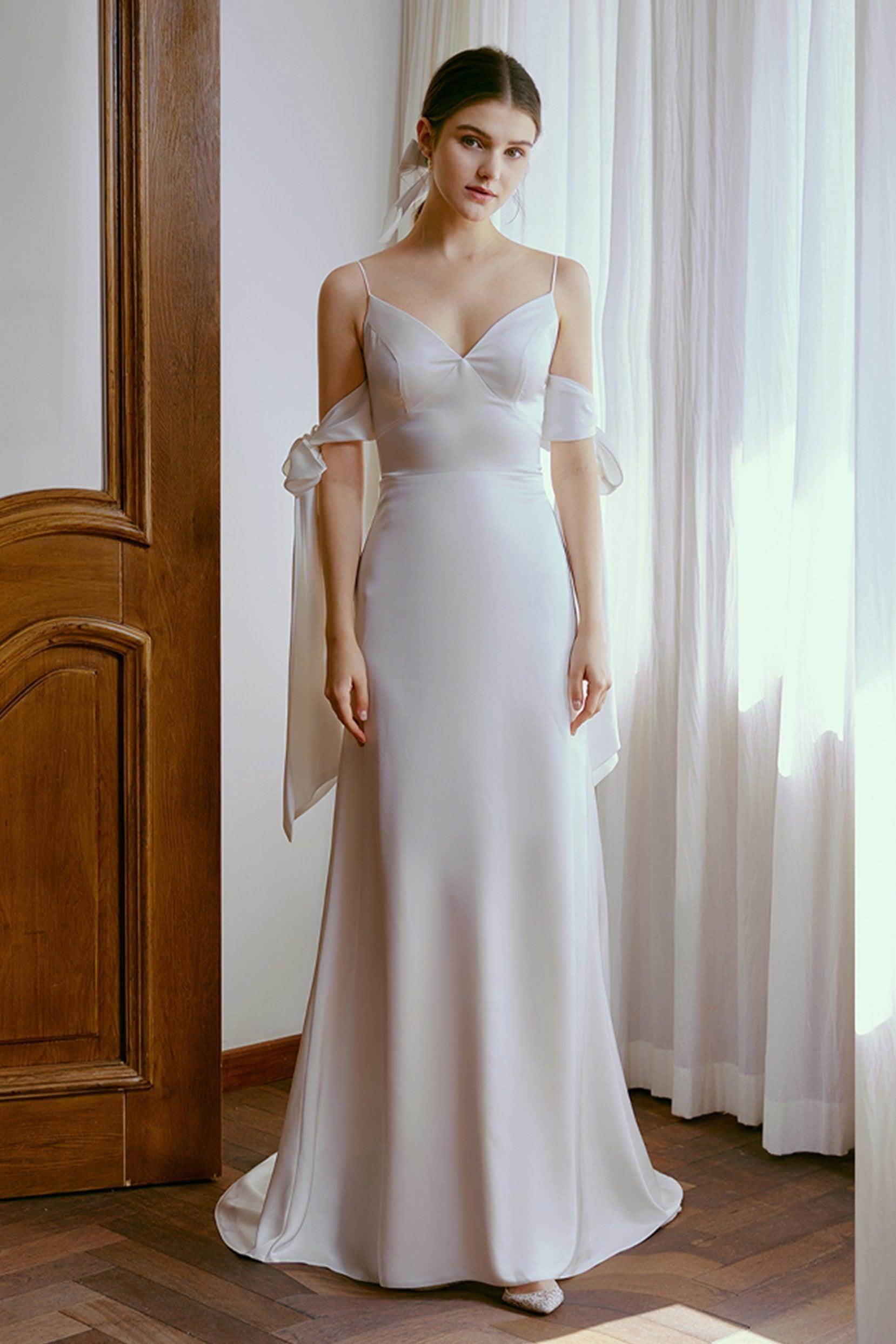 Sheath-Column Sweep-Brush Train Satin Wedding Dress CW2669 - COCOMELODY
